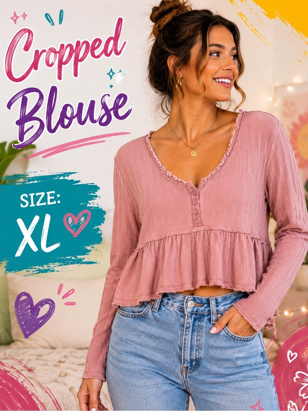 Bloomfield cropped Pink Ribbed Henley Peplum Top XL blouse
